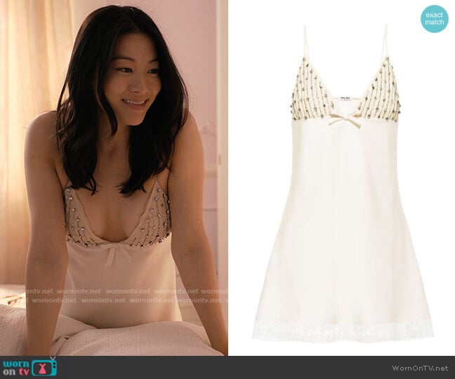 Miu Miu embroidered Satin Dress worn by Ingrid Yun (Arden Cho) on Partner Track
