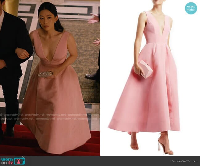 Monique Lhuillier Peony V-neck Midi Dress worn by Ingrid Yun (Arden Cho) on Partner Track