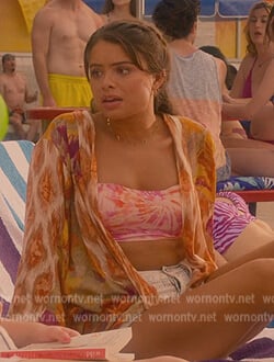 Moon’s tie dye bikini top and printed cardigan on Cobra Kai
