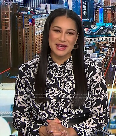 Morgan’s black print tie neck blouse on NBC News Daily