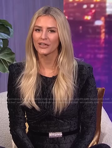 Morgan’s velvet jumpsuit and embellished belt on E! News Nightly Pop