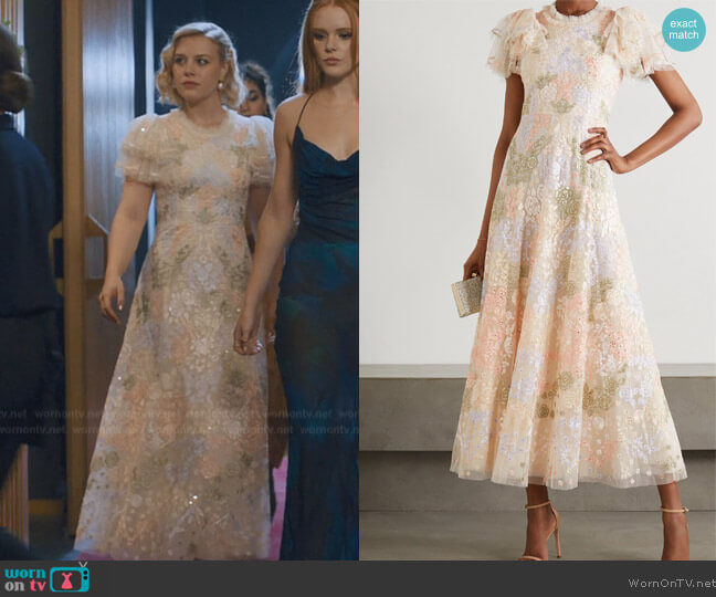 Needle & Thread Pink Elin Blossom Sequin-embellished Embroidered Tulle Midi Dress worn by Stella (Hannah van der Westhuysen) on Fate The Winx Saga