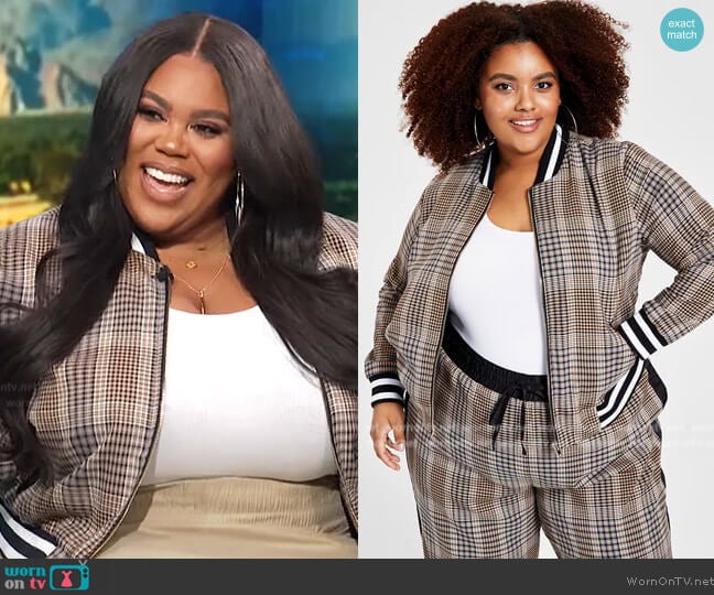 Nina Parker Trendy Plus Size Plaid Bomber Jacket worn by Nina Parker on E! News