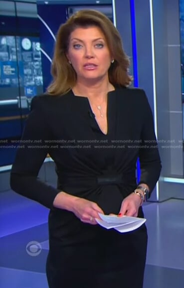 Norah’s black gathered sheath dress on CBS Evening News
