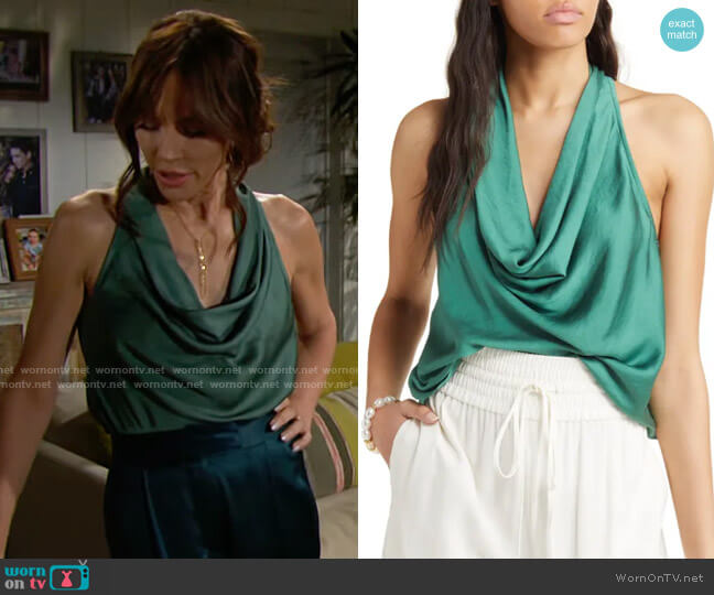 Open Edit Cowl Neck Satin Tank in Green Cargo worn by Taylor Hayes (Krista Allen) on The Bold and the Beautiful