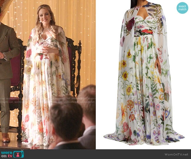 Oscar de la Renta Floral Silk Chiffon Gown & Cape worn by Fallon Carrington (Elizabeth Gillies) on Dynasty