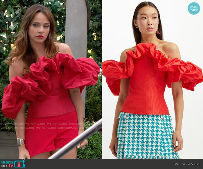 Oscar de la Renta Off Shoulder Pintuck Taffeta Top worn by Tessa Porter (Cait Fairbanks) on The Young and the Restless