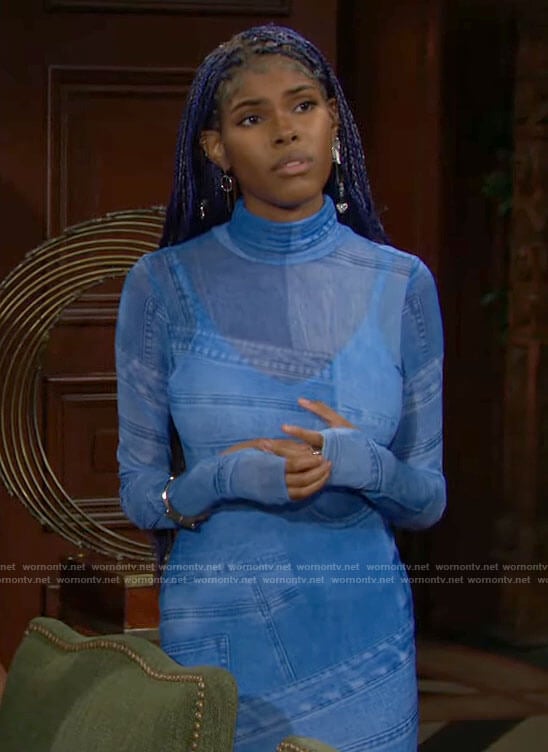 Paris’s mesh denim print turtleneck dress on The Bold and the Beautiful