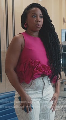 Phoebe’s pink ruffle top and zebra stripe jeans on Everythings Trash