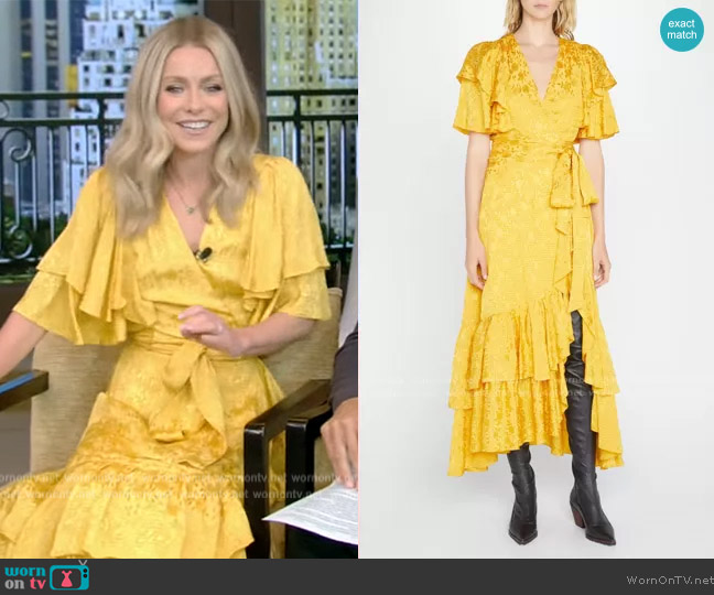 Prabal Gurung Floral Ruffled Midi Wrap Dress worn by Kelly Ripa on Live with Kelly and Mark