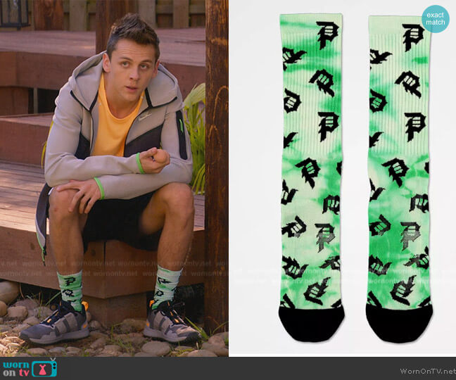 Primitive Dirty P Scatter Green Tie Dye Crew Socks worn by (Jacob Bertrand) on Cobra Kai