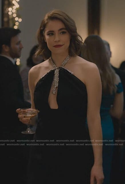 Rachel’s black embellished halter neck gown on Partner Track
