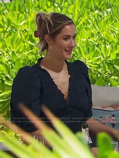 Rachel’s navy smocked v-neck dress on The Bachelorette