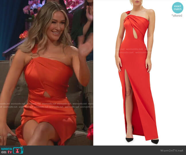 Rasario Satin One-Shoulder Cutout Dress worn by Rachel Recchia on The Bachelorette