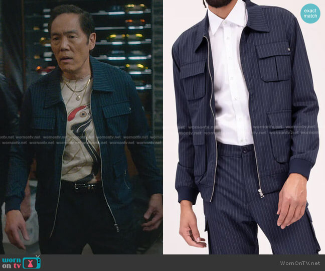 Ron Tomson Pinstriped Utility Bomber Jacket worn by Chozen Toguchi (Yuji Don Okumoto) on Cobra Kai