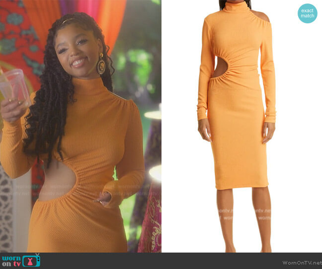 Rotate Alice Cutout Ribbed Long Sleeve Body-Con Dress worn by Jazlyn Forster (Chloe Bailey) on Grown-ish