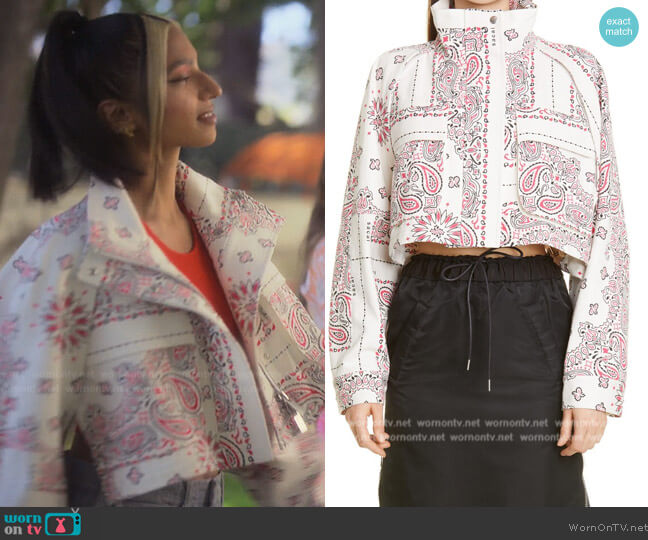 Sacai Bandana Print Crop Denim Jacket worn by Zaara (Tara Raani) on Grown-ish