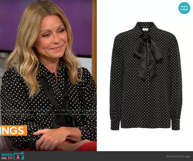 Saint Laurent Tie-Neck Polka-Dot Silk Blouse worn by Kelly Ripa on CBS Mornings