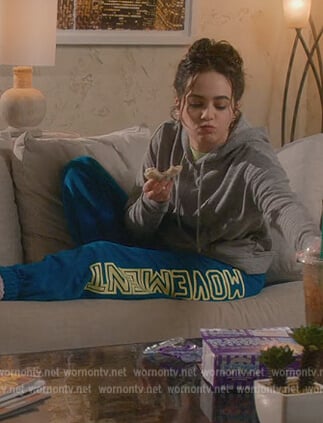 Samantha’s blue Movement side print sweatpants on Cobra Kai