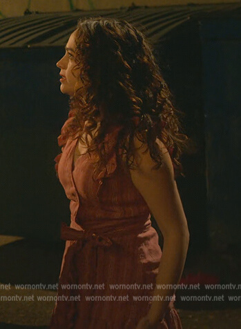 Samantha’s pink striped ruffled dress on Cobra Kai