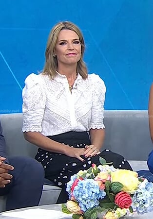 Savannah’s white puff sleeve lace top and black skirt on Today