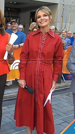 Savannah’s red shirtdress with white stitching on Today