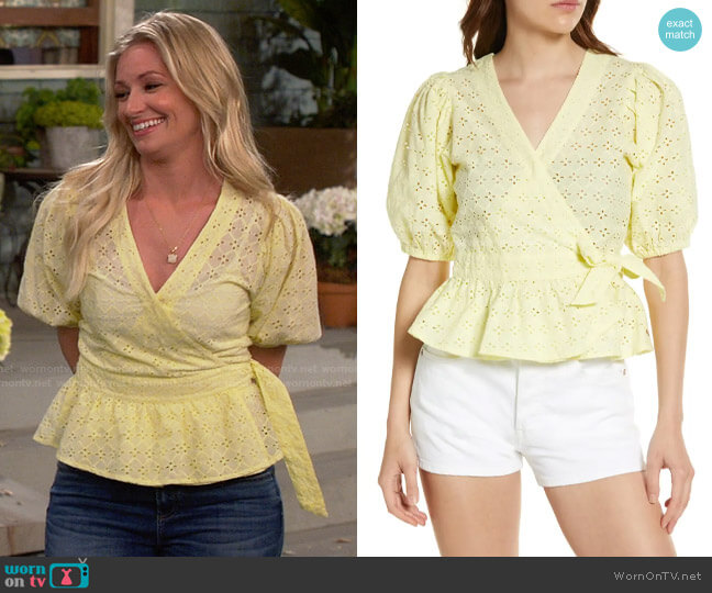 Scotch & Soda Eyelet Organic Cotton Wrap Blouse worn by Gemma (Beth Behrs) on The Neighborhood