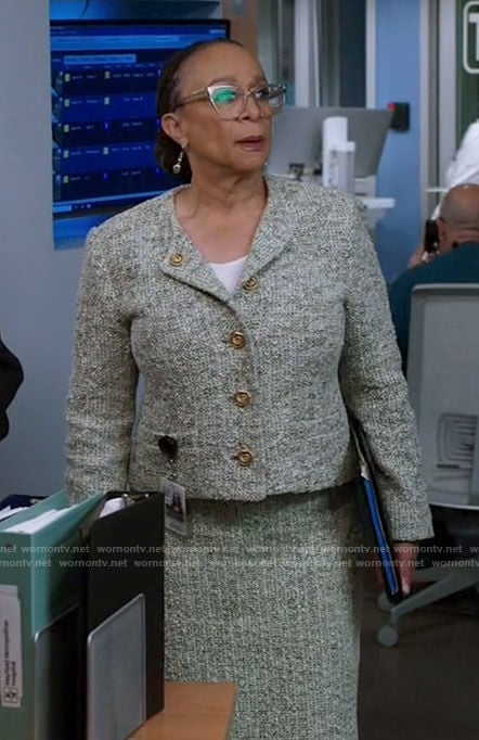 Sharon’s tweed jacket and skirt set on Chicago Med