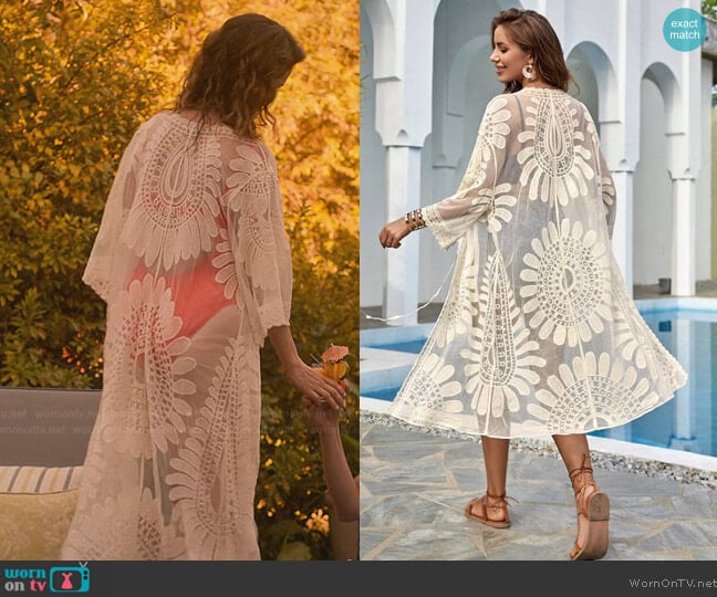 Shein Sheer Embroidered Mesh Tie Front Kimono worn by Amanda Larusso (Courtney Henggeler) on Cobra Kai