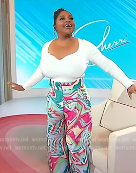 Sherri’s marble swirl print pants on Sherri