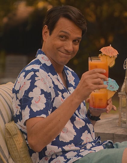 Daniels blue floral print shirt on Cobra Kai