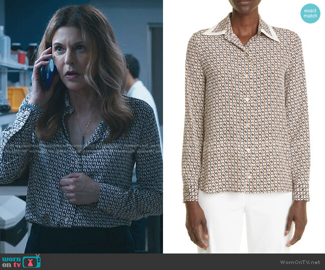 St. John Icon Stripe Silk Crepe de Chine Blouse worn by Kit Voss (Jane Leeves) on The Resident