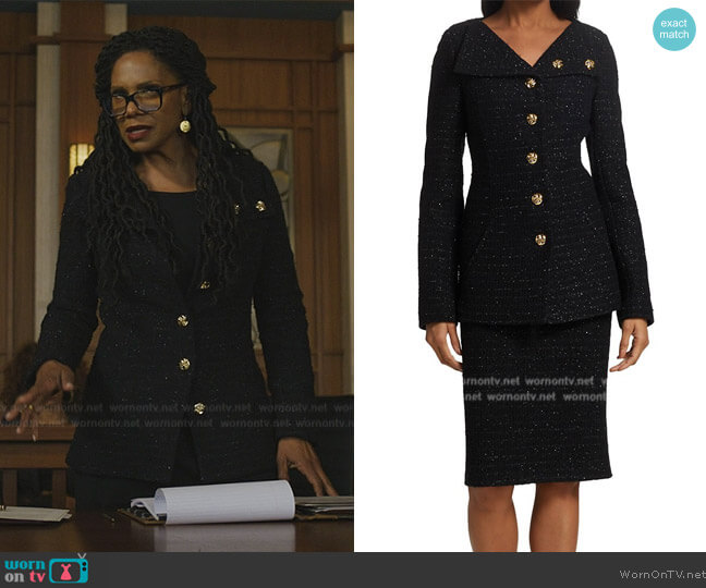 St John Collection Tonal Sequin Tweed Knit Asymmetrical Collar Jacket worn by Liz Reddick-Lawrence (Audra McDonald) on The Good Fight
