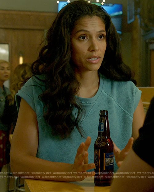 Stella’s blue short sleeve sweatshirt on Chicago Med