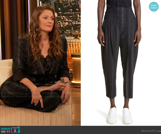 Stella McCartney Metallic Stripe Wool Blend Trousers worn by Drew Barrymore on The Drew Barrymore Show