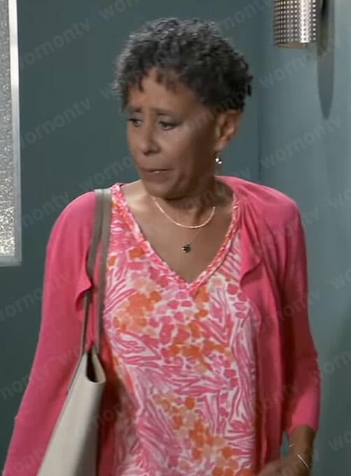 Stella’s pink floral v-neck top and cardigan on General Hospital