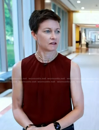 Stephanie’s burgundy pleated neck sleeveless top on Today