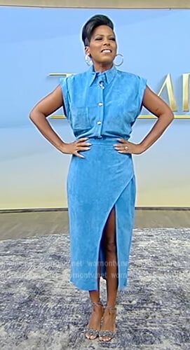 Tamron’s blue suede top and skirt on Tamron Hall Show