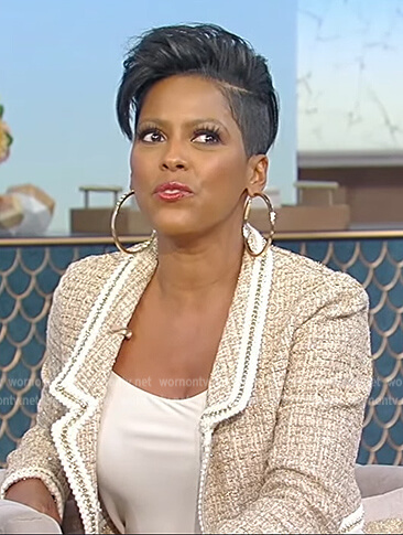 Tamron’s beige tweed cropped blazer on Tamron Hall Show