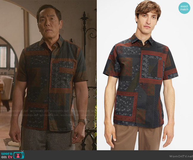 Ted Baker Patchwork Print Shirt in Dark Red worn by Chozen Toguchi (Yuji Don Okumoto) on Cobra Kai