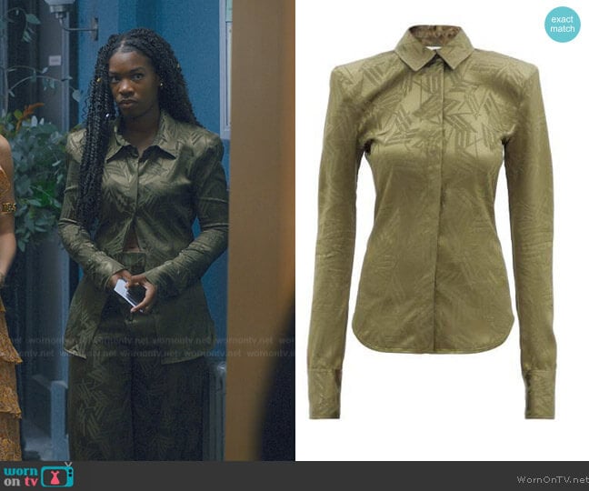 The Attico Padded Shoulders Logo Jacquard Satin Shirt worn by Aisha (Precious Mustapha) on Fate The Winx Saga
