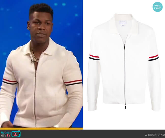 Thom Browne RWB stripe detailed cardigan worn by John Boyega on The Drew Barrymore Show