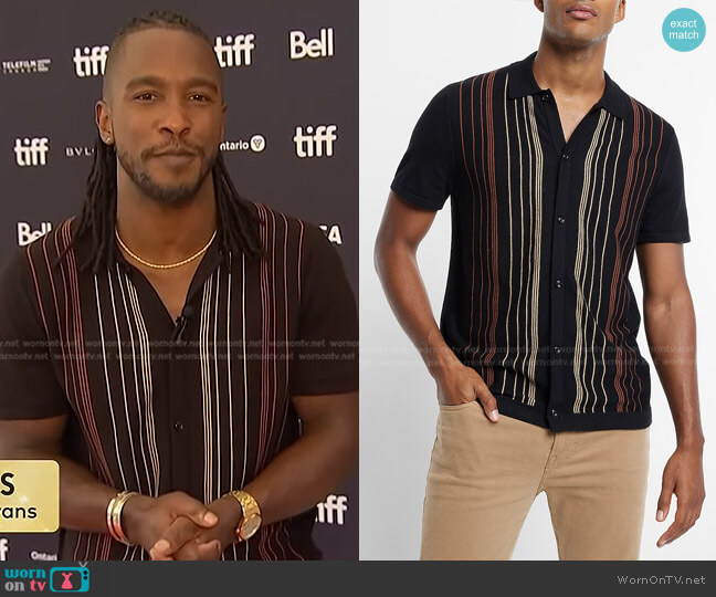 Express Striped Short Sleeve Polo Sweater worn by Scott Evans on Access Hollywood
