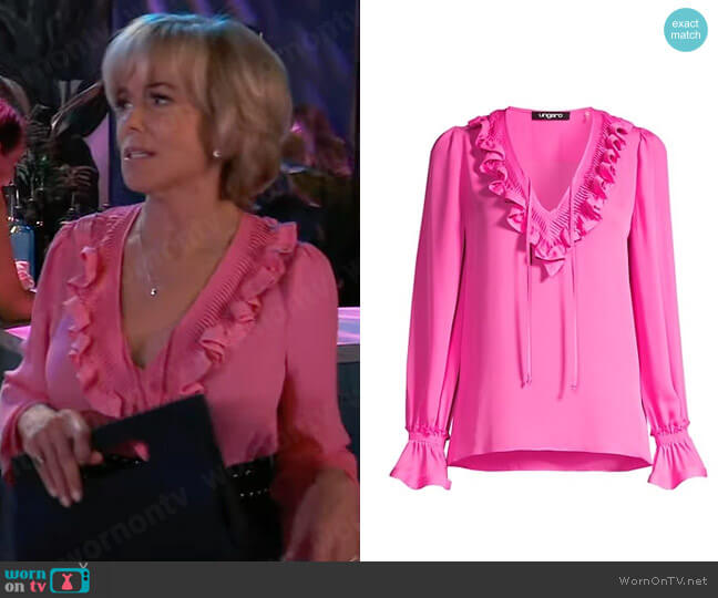 Ungaro Sharon Ruffled Silk Blouse in Punch worn by Peyton Honeycutt (Linda Purl) on General Hospital
