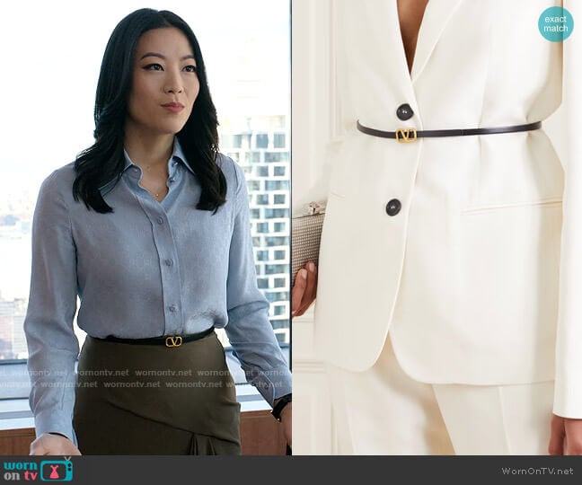 Valentino Garavani VLOGO reversible leather belt worn by Ingrid Yun (Arden Cho) on Partner Track
