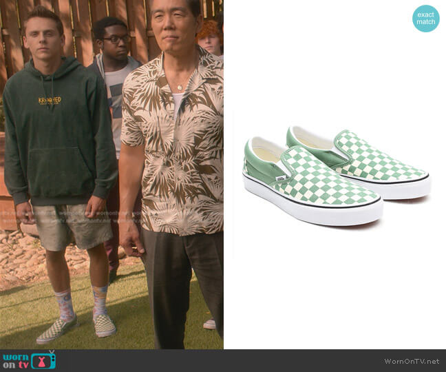 Vans Checkerboard Classic Slip-On Shoes worn by Eli Hawk Moskowitz (Jacob Bertrand) on Cobra Kai