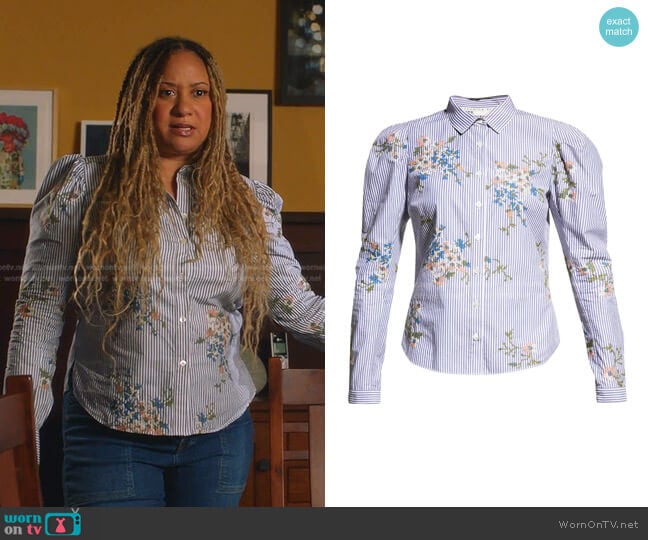 Veronica Beard Signy Embroidered Striped Cotton Shirt worn by Karen Wilson (Tracie Thoms) on 9-1-1