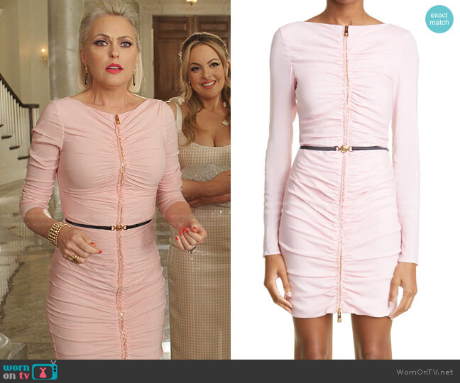 Versace Ruched Long Sleeve Georgette Minidress worn by Alexis Carrington (Elaine Hendrix) on Dynasty