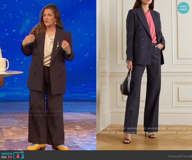 Victoria Beckham Double-breasted pinstriped woven blazer worn by Drew Barrymore on The Drew Barrymore Show