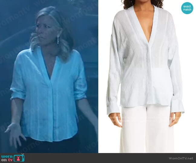 Vince Drapey Stripe V Neck Blouse worn by Carly Spencer (Laura Wright) on General Hospital